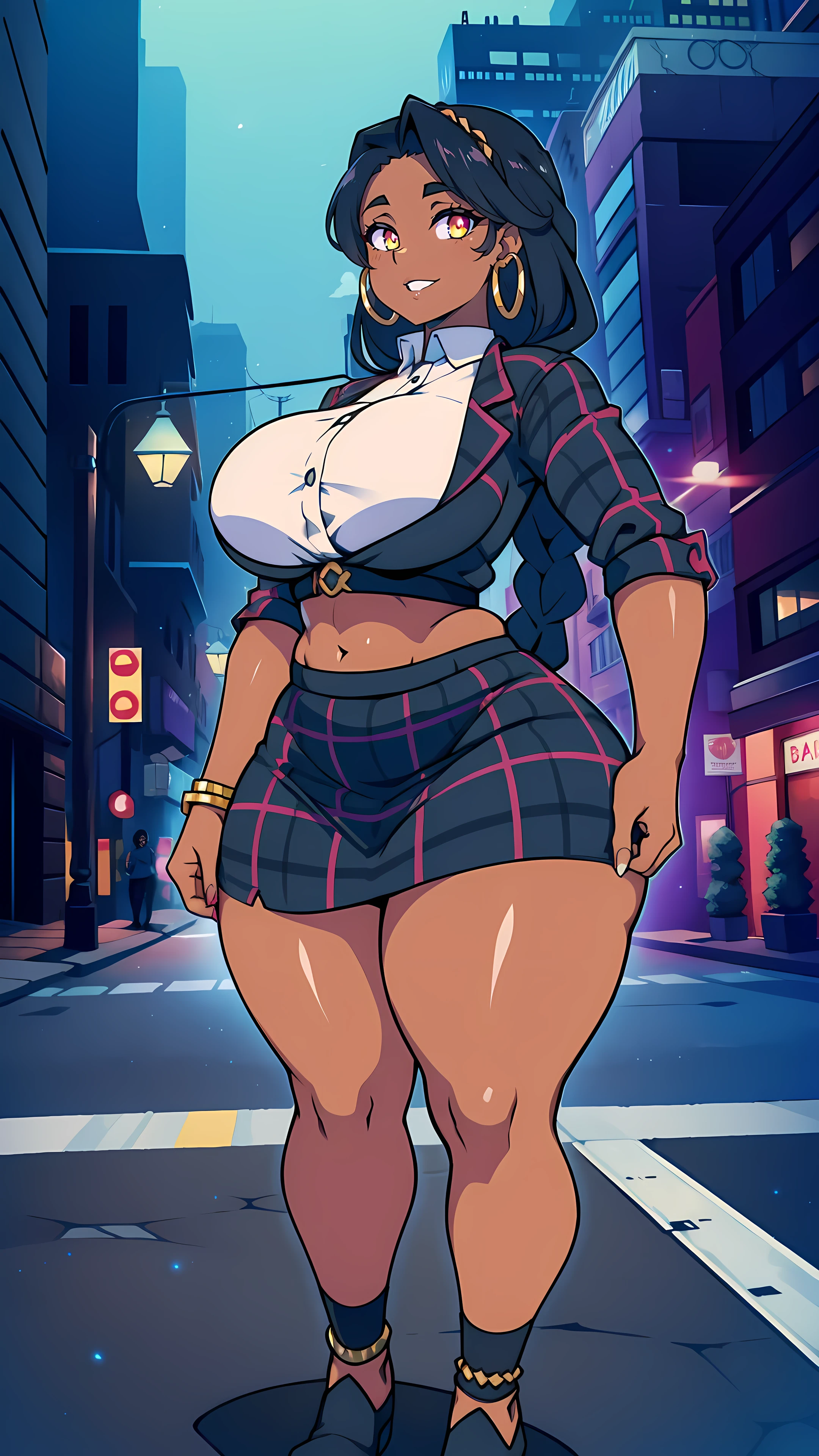 4K Quality, black woman, sexy smile, sexy pose, black plaid skirt, standing up, black african braids, dark skinned, thick thighs, big breasted, big ass, looking at viewer, braided hair, amber eyes, night time, on the sidewalk, full body, city background, perfect face, perfect body, perfect eyes, full lips, hoop earrings, bottom heavy, light particles