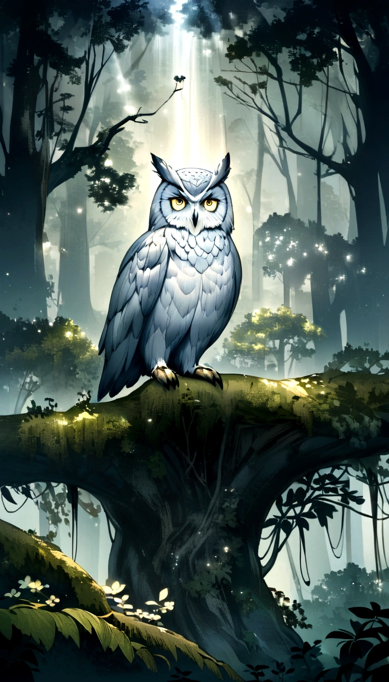 In the forest under the moonlight,A majestic owl perched gracefully on a mossy branch, Silver moonlight shines through the treetops,Forming a misty beam of light, Conveys a sense of tranquility and mystery. Full of mood and atmosphere,With a hint of fantasy, Soft Focus, And dreamy tones.