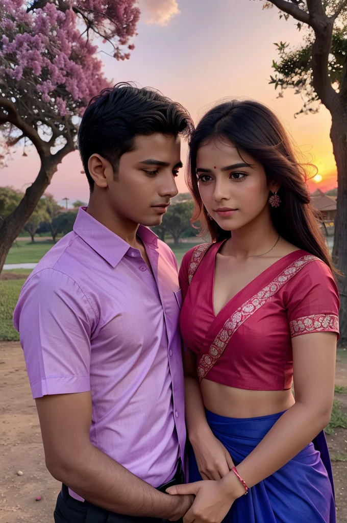 A girl and boy romancing under the pink tree under violet colour sky with red sun and boy wearing blue shirt and girl wearing red saree