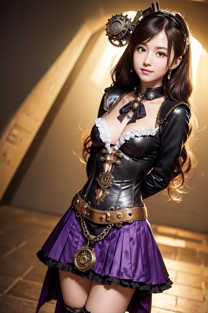 Woman portrait、Highest quality、Rear view、8k, clear, Fine skin、Clear, beautiful eyes、The beauty of a smile、Bright beautiful face、whole body、Curly Hair、My hair was messed up by the wind、(Glamorous Muscle),(Hip_superior, Hip superior), Beauty,( Watching the audience),Realistic, High resolution, Soft Light,1 female, One person,Brown hair,Twin tails,Fine Skin, Naughty look,((Steampunk arabinan costume)),Steampunk style girl、Costumes decorated with lots of gear and watches,(Steampunk Japanese Clothes,Steampunk dirndl,Black and purple stripes,Sailor-style armor with collar)、Beautiful Steampunk Guild Staff Costume Banker Uniform,(Black and purple steampunk purple steampunk jacket, High-tech Mecha,Gemstone Helmet,dress shirt,wrist cuffs,Steampunk bodystocking,neckerchief,mini skirt,Haile)、((arms behind back))),(bokeh),(studio lighting)