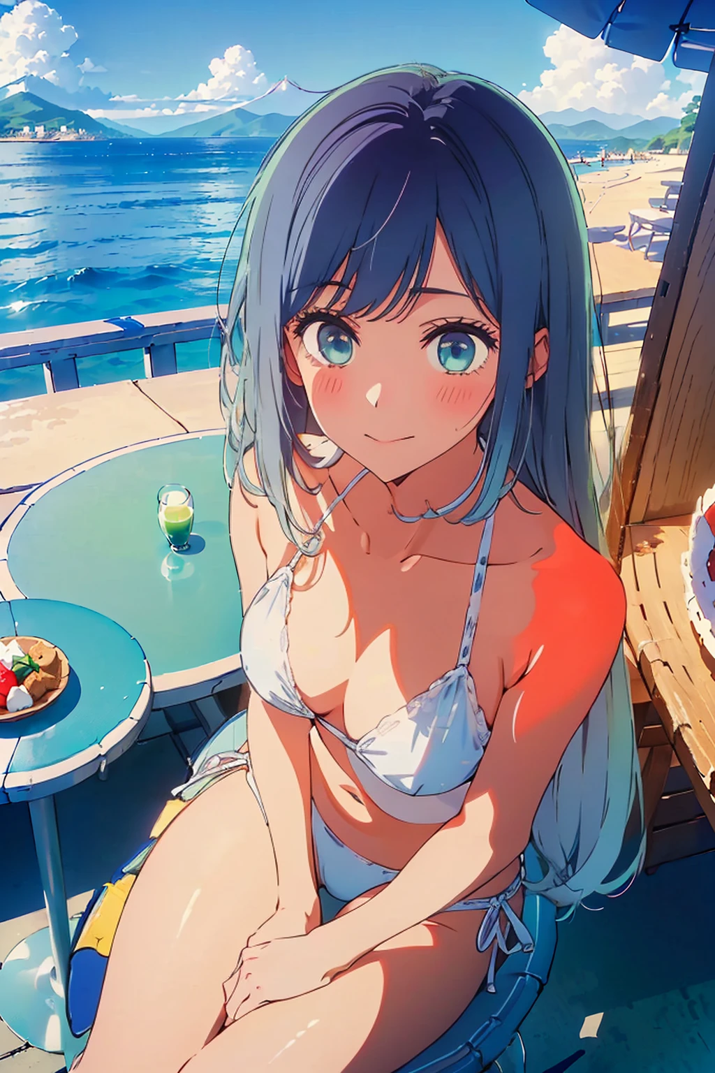 (Highest quality:1.4、8k:1.4,detailed),F cup bust、Big Breasts、Slim and beautiful arms、Slim body、Very white beautiful skin、((((1 person、smile、Swimwear、smile、sit、Chair、In the background are the urban buildings of Tokyo、Outdoor café terrace、coastal、Navy hair color、juice、table、Cheek resting on hand、She is wearing a white side-string high-leg bikini、Shot from above、Looking up、Very cute face))))、looking at the camera、Very beautiful face、Very blue sky、A completely cloudless sky、She tilted her head slightly、The atmosphere is bright and lively、The woman is at the center of the image。