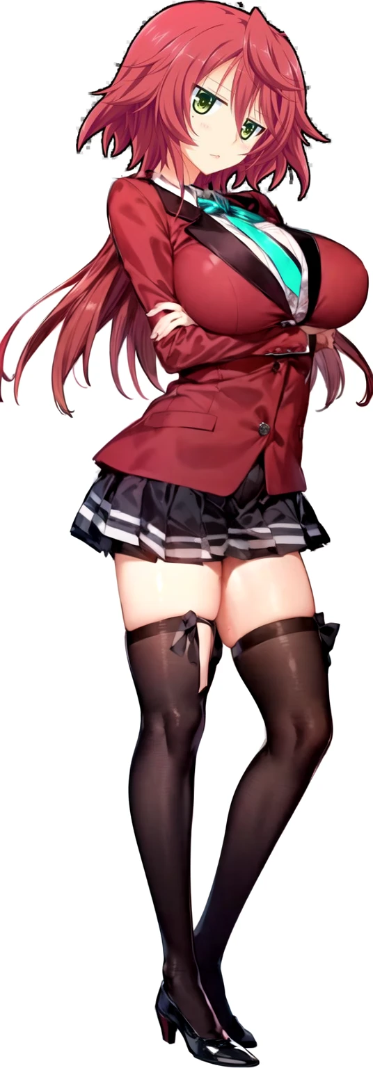 masterpiece, Highest quality, High resolution, , long red hair, Red Bow, Striped ribbon, blazer, Red ugly jacket, Long sleeve, Big Breasts,Confused eyes,Brown Skirt, Black knee socks, Arms crossed, indoor, classroom