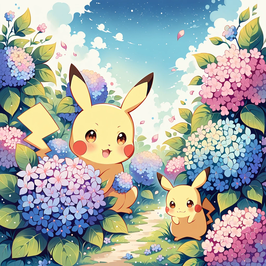 Create a cute illustration of Pikachu playing among hydrangeas. Pikachu should be surrounded by blooming hydrangea flowers in various shades of blue, pink, and purple. Include details like Pikachu smelling a flower or playing with a fallen petal. The scene should be vibrant and cheerful, capturing the beauty of hydrangeas in bloom.