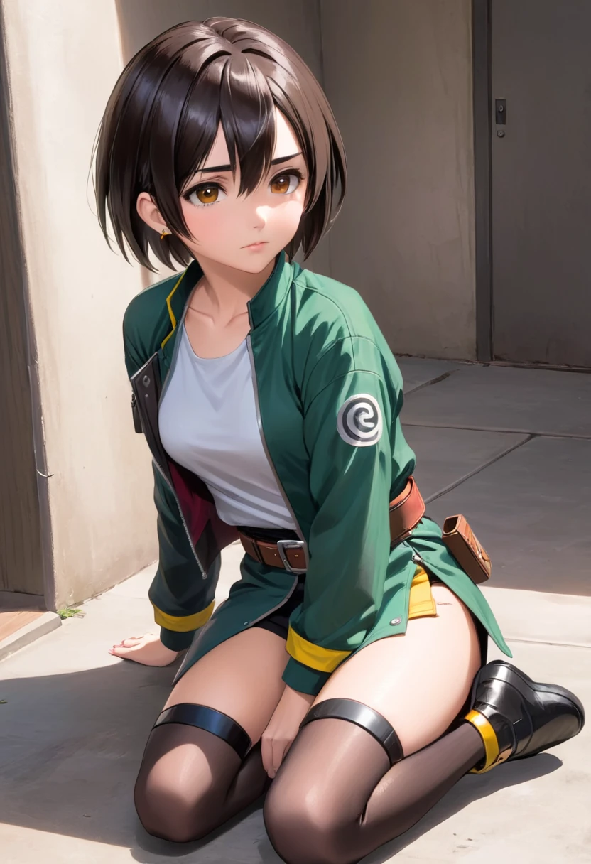 flat chest、highleg、The whole body can be seen from directly below、Delicate body、Green Short Bob、Beautiful open legs、Open your legs to show your crotch、raincoat