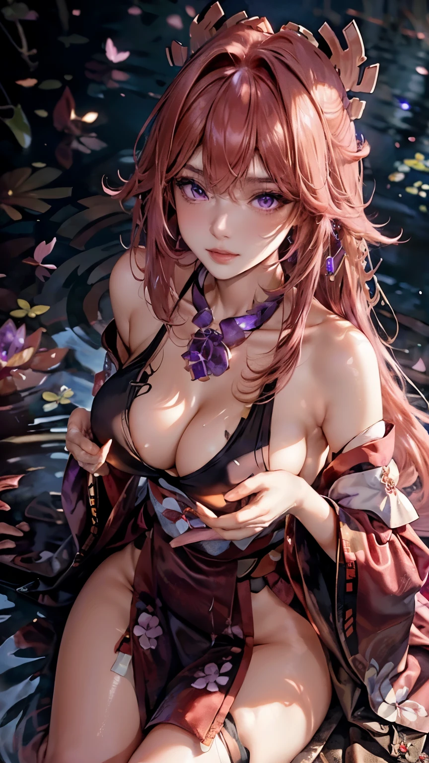 ((masterpiece)), Best Quality, Super Detail, HDTV, Highly detailed CG unified 8K wallpaper, dramatic lighting, Perfect Anatomy, ,((((High angle)))), Cowboy Shot, Large background, Yae Miko /(Genshin Impact/), anime style, High definition beauty face, (sharp eyes)!!, (Beautiful Purple eye's like amethyst :1.25)!!, A detailed eye, (homochromatic eyes)!!, Perfect eye shadow, wink, Hyper-Detailed Eyes, Hyper-detailing of eyebrows, Hyper-detailed eyelashes, Detailed hand,(1girl with sexy charm, untangling her hair), ((untangling her hair)), mocha hair bangs, (ultra shine pink hair)!!, very long hair, detailed realistic hair, (dynamic compositions), bare shoulders, blush, closed mouth, seductive smile, fresh lips, detached sleeves, earrings, fingernails, hair between eyes, japanese clothes, kimono clothes, detailed realistic clothes, jewelry, detailed jewelry, neck garter, necklace, plump breasts, (breast cleavage)!!, super seductive temptation, open skirt, slim legs, petticoat, fishnet legs, stockigs, smooth thighs cleavage, garter thighs, ((armpit)), erotic, nontraditional Yae Miko, ((In shallow water)), Beautiful butterflies are flying, (Wet body), Shiny skin, Fine-grained skin, Fine-grained hair, (Butterflies flying around a 1girl), By the pond, (Starry sky), forest, Pillar of Light, water lily, mosses, crystal clear clean water, Moonlight, Glitter, (Midnight, Dark)