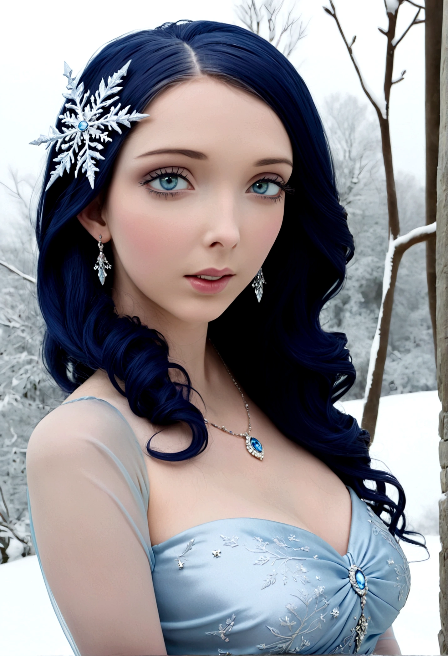 A ice elf (lovely woman, pale blue skin, deep blue hair and eyes, sheer reflective evening dress) acting alluring in a winter wonder land