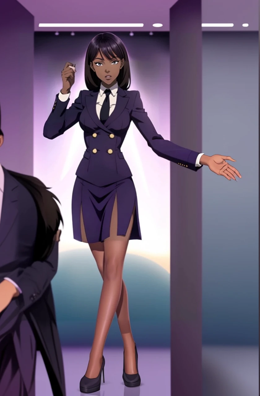 Black anime business woman in a purple skirt suit 