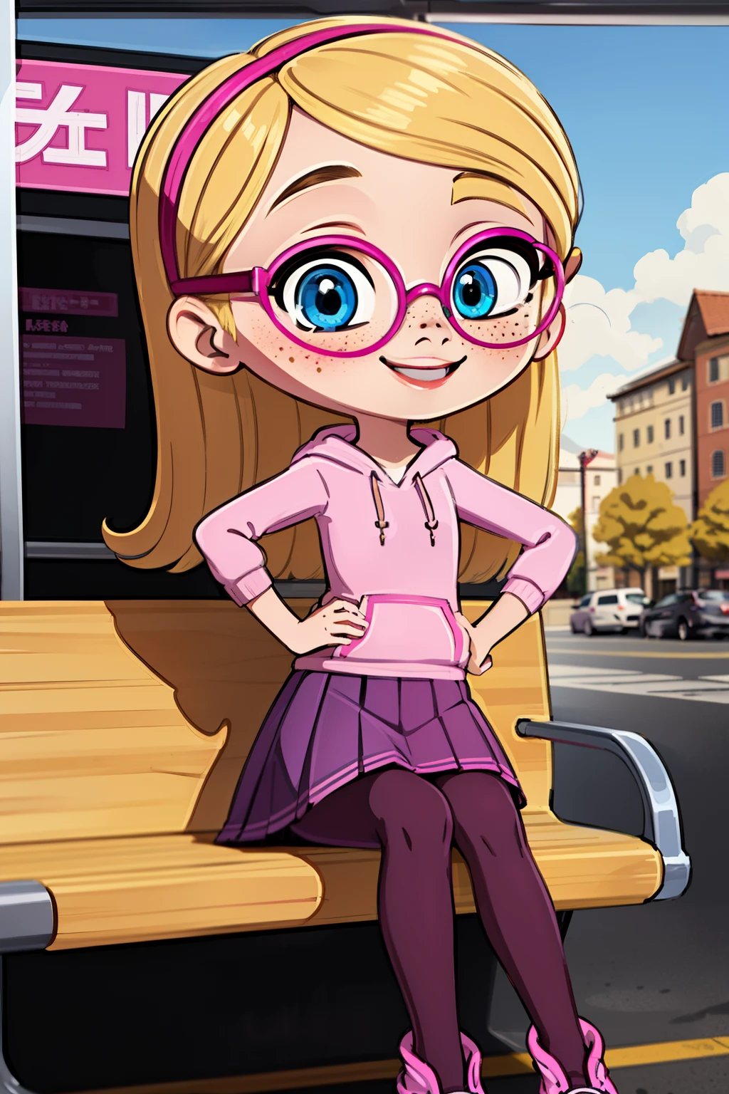 highly detailed, beautiful detailed eyes, ((masterpiece, best quality, ultra-detailed, 1girl, solo, penny peterson, long hair, blonde hair, pink highlights on her hair, blue eyes, freckles, magenta glasses, bright pink hoodie, dark lavender pleated skirt, white puffy trim, maroon leggings, pink wide heeled boots, one hand on hip, sitting at a bus stop, focused, looking at 1phone, texting, upskirt, joyful, happy, smile, beautiful face,