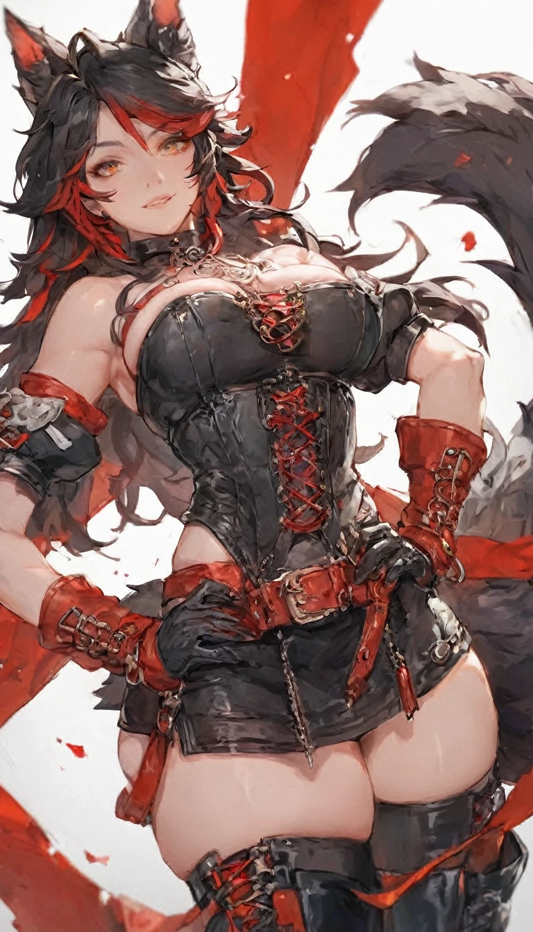 score_9, score_8_superior, score_7_superior, score_6_superior,a anime girl in some boots poses for the camera with a red backdrop, 1girl, animal ears, solo, tail, black hair, thighhighs, multicolored hair, red hair, skindentation, looking at viewer, wolf ears, hands on hips, gloves, wolf tail, long hair