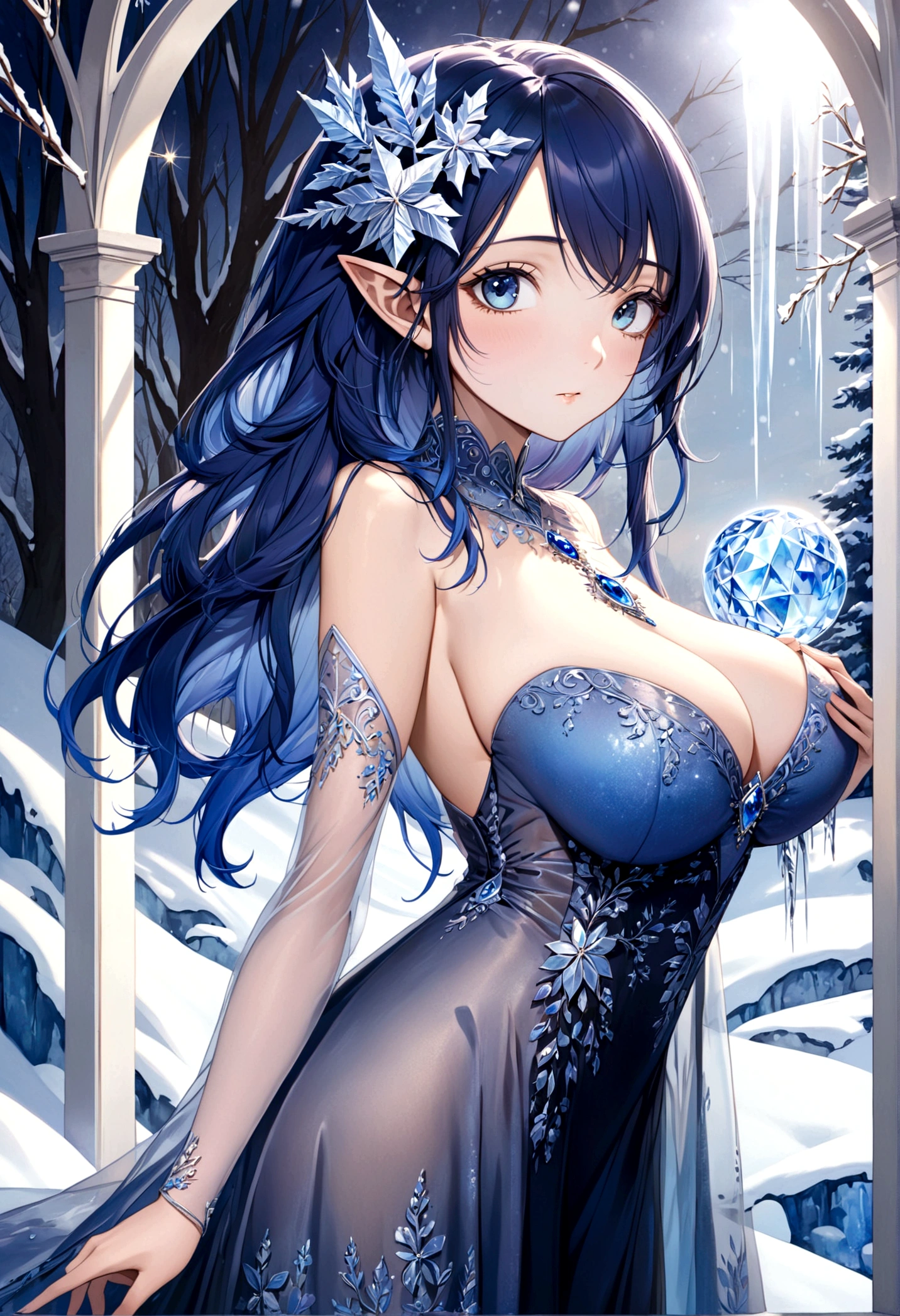 A ice elf (lovely woman, pale blue skin, deep blue hair and eyes, sheer reflective evening dress) acting alluring in a winter wonder land
