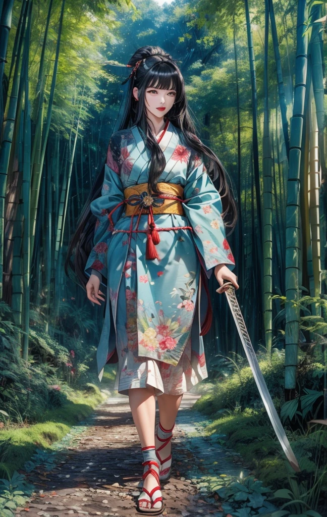 Animal trail in the bamboo forest、Girl with long black hair、A long Japanese sword in his left hand、The wind is blowing strongly、dark red lipstick、The bamboo forest is beautiful、The unpaved road is covered with moss、Dense bamboo forests on both sides、Glossy light blue kimono、Straight long black hair、The tip of the Japanese sword shines in the light、Realistic Face