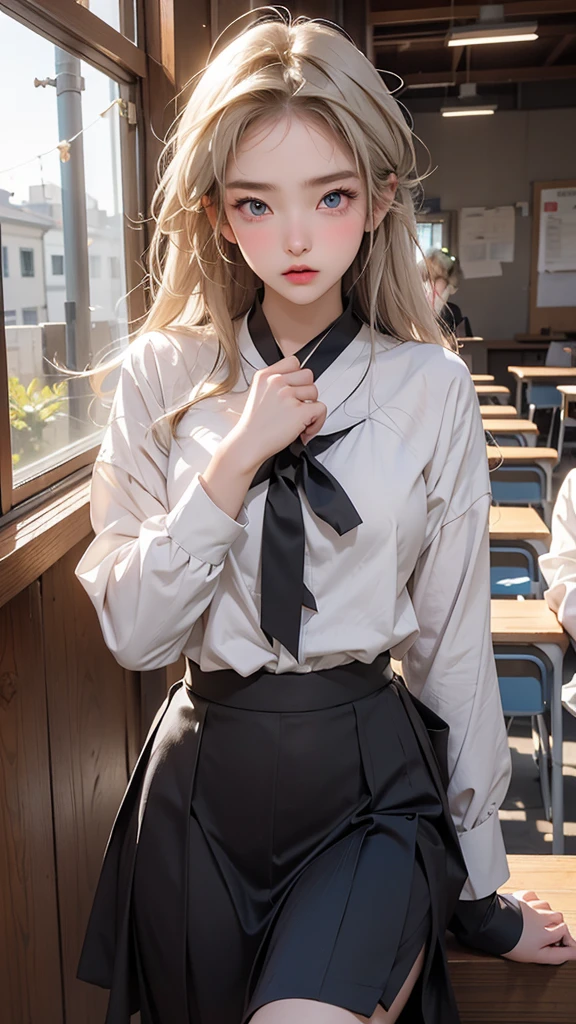 The location is a school classroom、I am a high school boy with long bangs.。A beautiful high school girl who is half French and half Japanese、Anyway, her face is beautiful、Beautiful blue eye color、She has beautiful long straight hair that is light blonde in color.、The outfit is a sailor suit, a Japanese , with a white blouse and a grey skirt.。To that beautiful high school girl、I am being abused。The beautiful high school girl raised her hand、The hand is clenched in a fist。The face has raised eyebrows、An angry face with furrowed brows and an open mouth。Please make the mouth look as if it is about to curse.