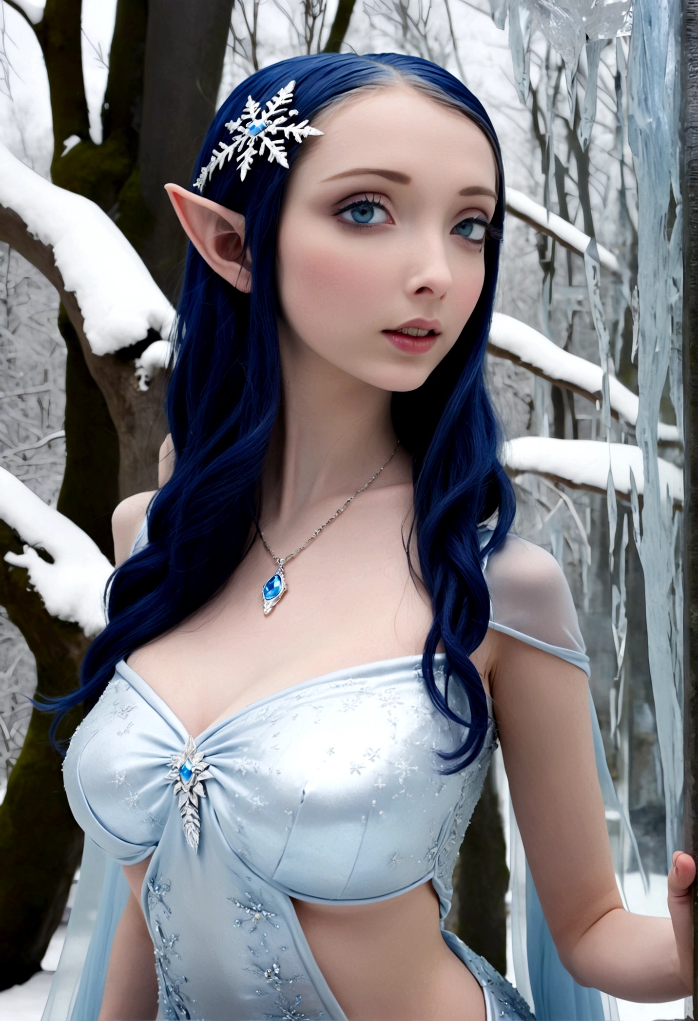 A ice elf (lovely woman, pale blue skin, deep blue hair and eyes, sheer reflective evening dress) acting alluring in a winter wonder land