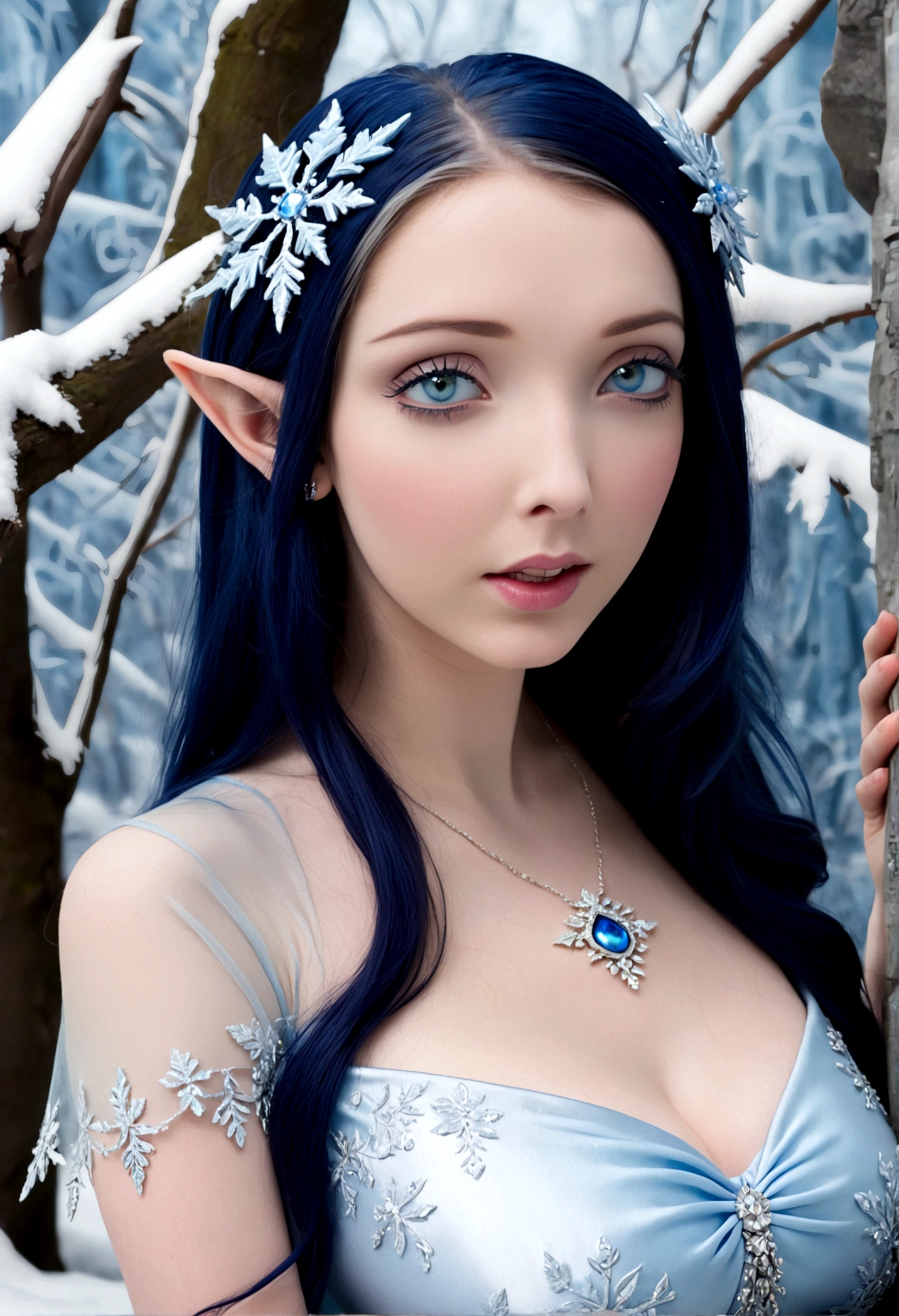 A ice elf (lovely woman, pale blue skin, deep blue hair and eyes, sheer reflective evening dress) acting alluring in a winter wonder land