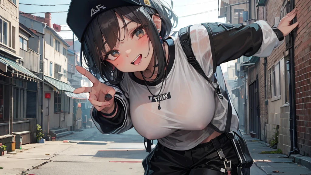 alley scene with a hip hop girl in the background making a face with her teeth and tongue sticking out at a camera