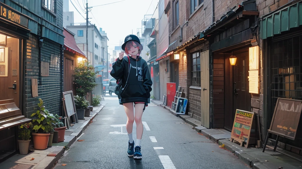 alley scene with a hip hop girl in the background making a face with her teeth and tongue sticking out at a camera
