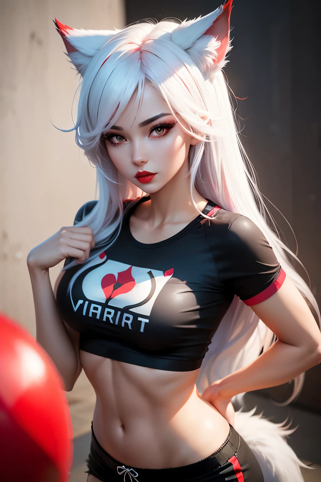 Hot woman, Ahri, fit body, make-up, red lips, white inner hair , black shirt, medium cotton shorts, -- fingers style realistic-imagine