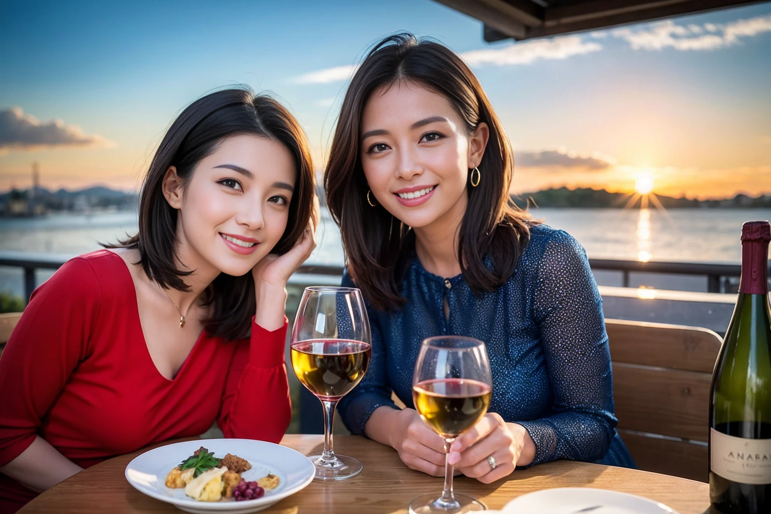 ((Highest quality、8k、masterpiece:1.3))、 (Genuineistic, Genuine、Bright image、Intricate details:1.2), 最高のsmile、1 male 1 female、Beautiful couple、spouse、fiancee、Good friends、actress couple、smile、A full-course dinner with a full table、 (Slim face), (the body is slim), (Brown Hair), (short hair), テーブルのwine glass、Please shine a light on my face、 Amazing view of the sunset sky and clouds、 (42 years old)38 years old, red wine 、Wine bottle、sparkling wine、Long sleeve shirt、Blue Dress、White wine, red wine, wine glass,