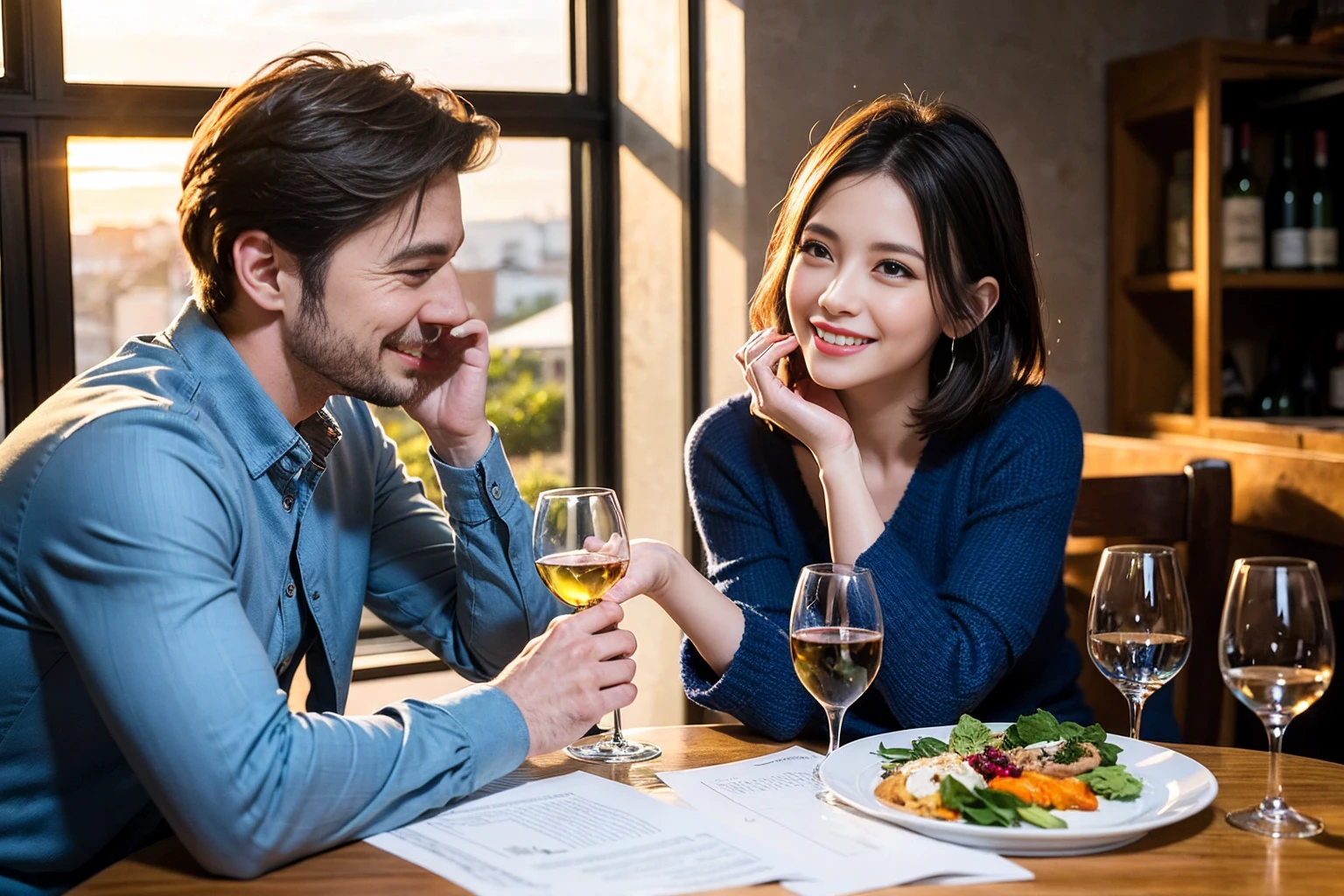 ((Highest quality、8k、masterpiece:1.3))、 (Genuineistic, Genuine、Bright image、Intricate details:1.2), 最高のsmile、1 male 1 female、Beautiful couple、spouse、fiancee、Good friends、actress couple、smile、A full-course dinner with a full table、 (Slim face), (the body is slim), (Brown Hair), (short hair), テーブルのwine glass、Please shine a light on my face、 Amazing view of the sunset sky and clouds、 (42 years old)38 years old, red wine 、Wine bottle、sparkling wine、Long sleeve shirt、Blue Dress、White wine, red wine, wine glass,