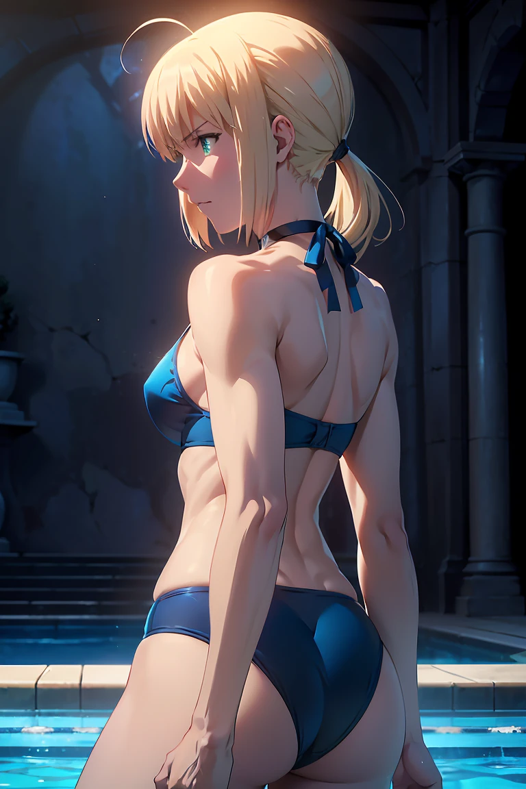 (Highest quality:1.5, High resolution, 超High resolution, 4K, Detailed lighting, Shaders)(Beautiful details:1.6)(Artoria Pendragon), alone (Swimsuit)++ short hair,ponytail Parody, Blue choker, Beautiful Abs Beautiful arm muscles ((Are standing)) Realistic swimming pool Angle from below Cool look Beautiful ass