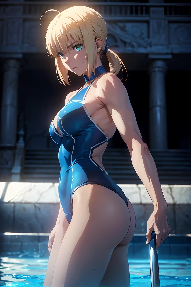 　(Highest quality:1.5, High resolution, 超High resolution, 4K, Detailed lighting, Shaders)(Beautiful details:1.6)(Artoria Pendragon), alone　　（Swimsuit）＋＋　　short hair,ponytail　 Parody, Blue choker,　Beautiful Abs　 Beautiful arm muscles　((Are standing))　　Realistic swimming pool　Angle from below　　Cool look　Beautiful ass