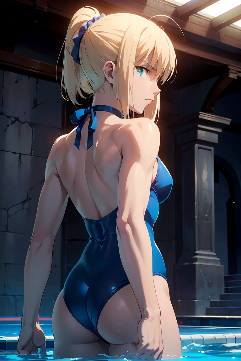 (Highest quality:1.5, High resolution, 超High resolution, 4K, Detailed lighting, Shaders)(Beautiful details:1.6)(Artoria Pendragon), alone (Swimsuit)++ short hair,ponytail Parody, Blue choker, Beautiful Abs Beautiful arm muscles ((Are standing)) Realistic swimming pool Angle from below Cool look Beautiful ass
