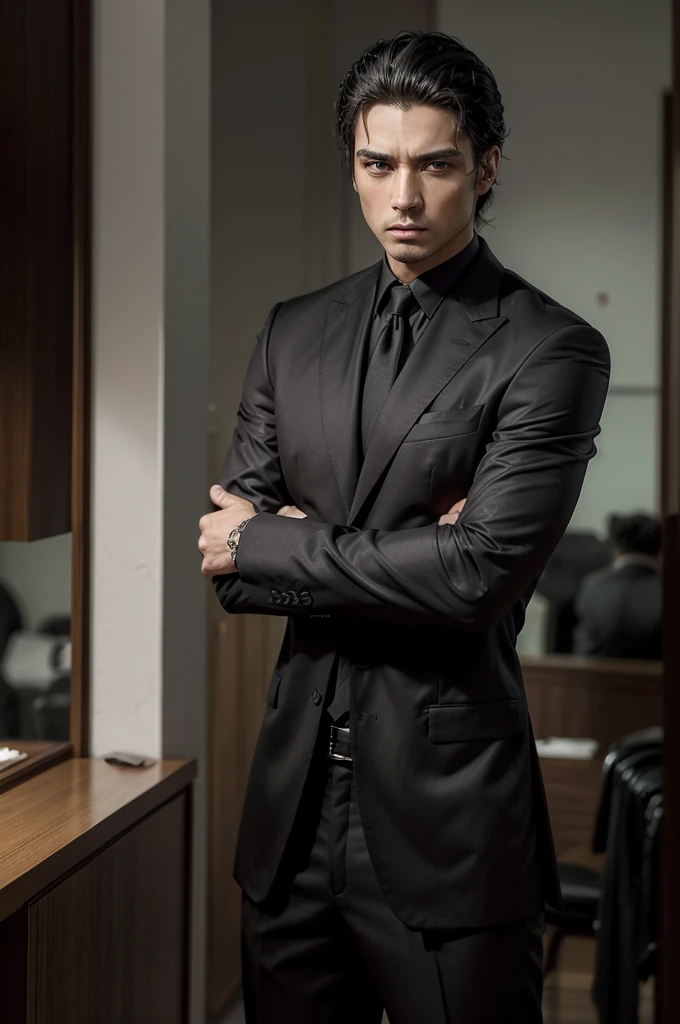 Hombre, como jefe de mafia, alto y en forma, con el cabello corto color negro, delineado negro en la parte inferior de los ojos y ojos verdes, mientras modela sexy en diferentes posiciones, cuerpo completo.