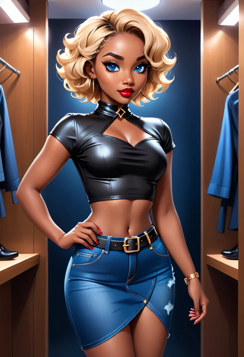 Beautiful woman with short blonde curly hair with blue eyes wearing Jeans Tight Skirt With Leather Belt, Sexy Criss Cross Mock Neck Short Sleeves Shirt, luxurious jewelry, standing in a fitting room at night with legs open with her pussy marked (ebony skin), (lipstick), (elegant mascara), (slim body with abs), (small breasts) midjourney, <lora:GoodHands-, <lora:GoodLegs-, UHD, high resolution, (masterpiece:1.1, best quality), (expressive eyes, perfect face, full body, expressive face, perfect body, athletic, fit, slim body, blushing, Perfect makeup, eyeliner, beautiful eyelashes, smiling, horny face), ((best illumination, best shadows))