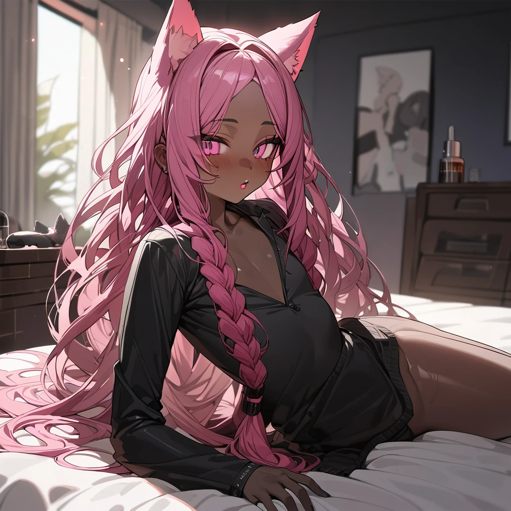 Best quality, highly detailed, ultra detailed, 1 very Dark brown skin boy, chocolate skin, flat chest, male chest, curvy body, long dreadlocks, pink dreadlocks, pink eyes, cat ears, lipgloss, wearing white croptop, biker shorts, penis, bedroom background 