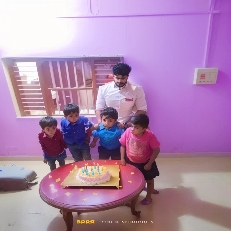there are three children standing in front of a cake on a table, birthday party, at a birthday , , celebrating a birthday, happy birthday, he is 3 5 years oldut 3 0 years old, he is about 30 years old, vinayak, he is about 2 5 years old, kid