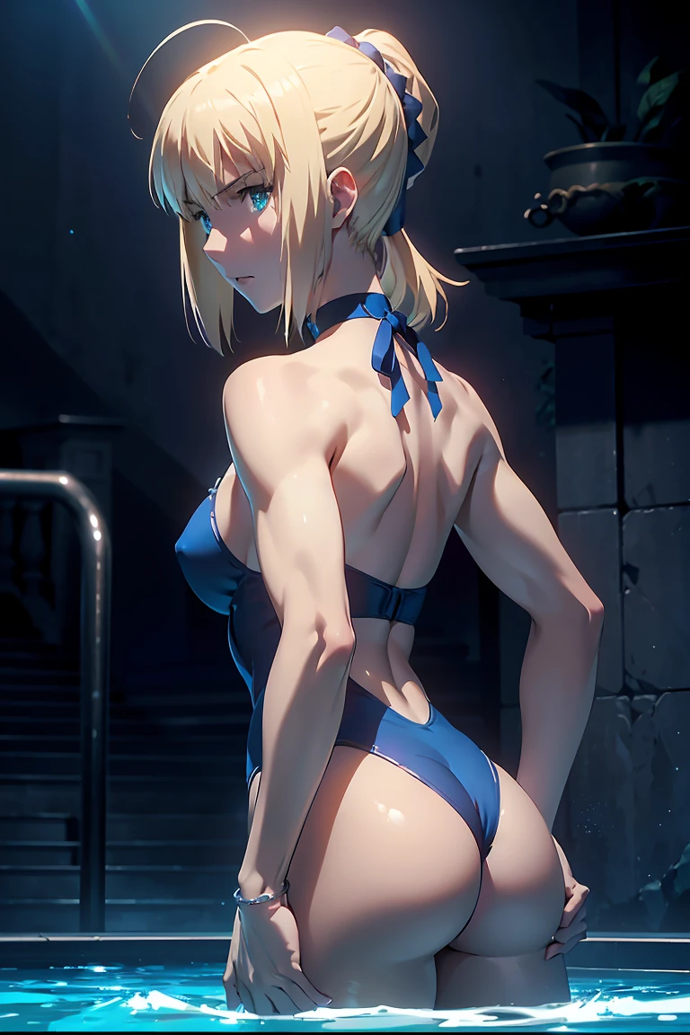 NSFW (Highest quality:1.5, High resolution, 超High resolution, 4K, Detailed lighting, Shaders)(Beautiful details:1.6)(Artoria Pendragon), alone (Swimsuit)++ short hair,ponytail Parody, Blue choker, Beautiful Abs Beautiful arm muscles ((Are standing)) Realistic swimming pool Angle from below Cool look Beautiful ass