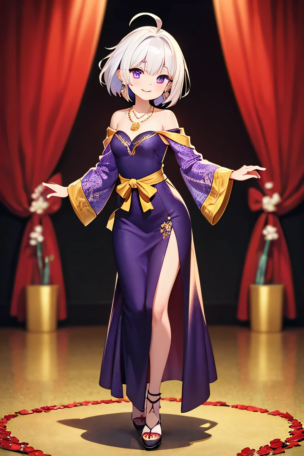 masterpiece, 2D, 1girl intricate details, ahoge 1girl, , White hair, Purple Eyes, White hair, White hair tips, Small Breasts, Smile, Java wedding woman full body in black kebaya dress,Traditional and batik skirts, Looking at the audience, Jewelry and Hair, Red lipstick, Golden necklace, earrings, Gorgeous, detail, Flowers, Perfect background, Soft Focus