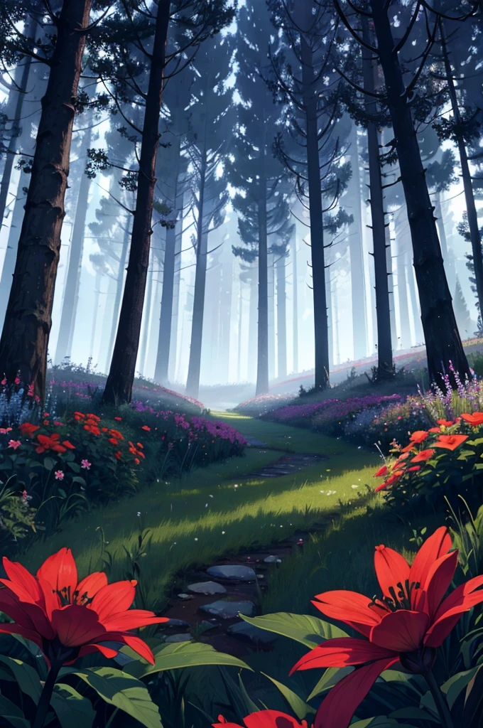 very dark, dark, dark forest garden meadow at midnight with pretty flowers, dark sky, dark forest, pretty flowers