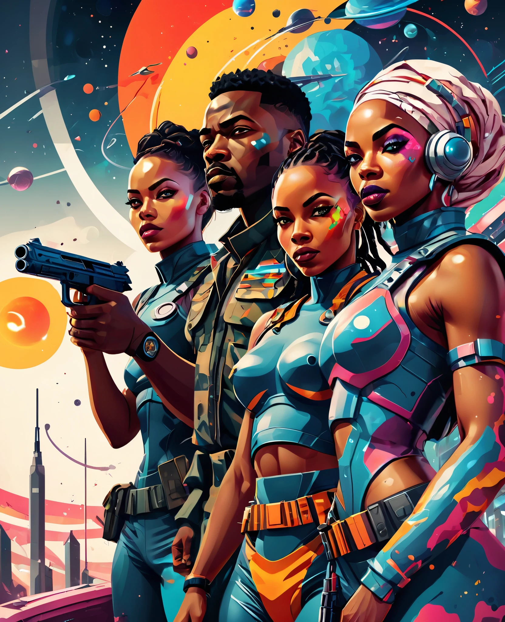 Low angle shot of Vector Art, Colorful illustration with African soldier team of two african men and two african women holding futuristic guns, looking at the viewer with serious facial expressions. Spaceships, horoscopes and solar system in the background. Afrofuturism art, sci-fi art, Vibrant colors,Graffiti Art,ink splatter,Wild and unrestrained,rich and colorful,visual impact, Modern aesthetic super detailed,