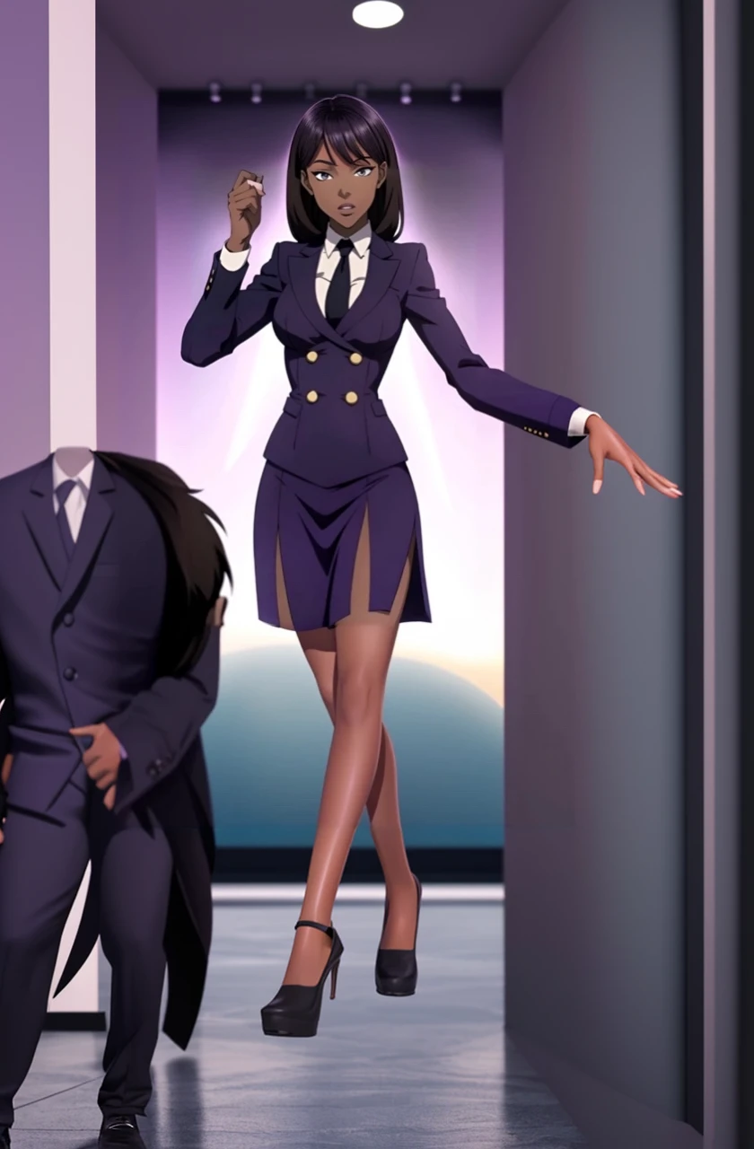 Black anime business woman in a purple skirt suit
