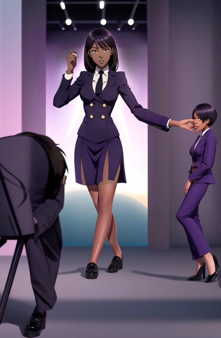 Black anime business woman in a purple skirt suit 