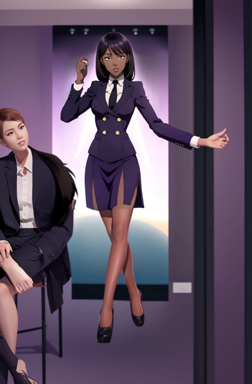 Black anime business woman in a purple skirt suit 