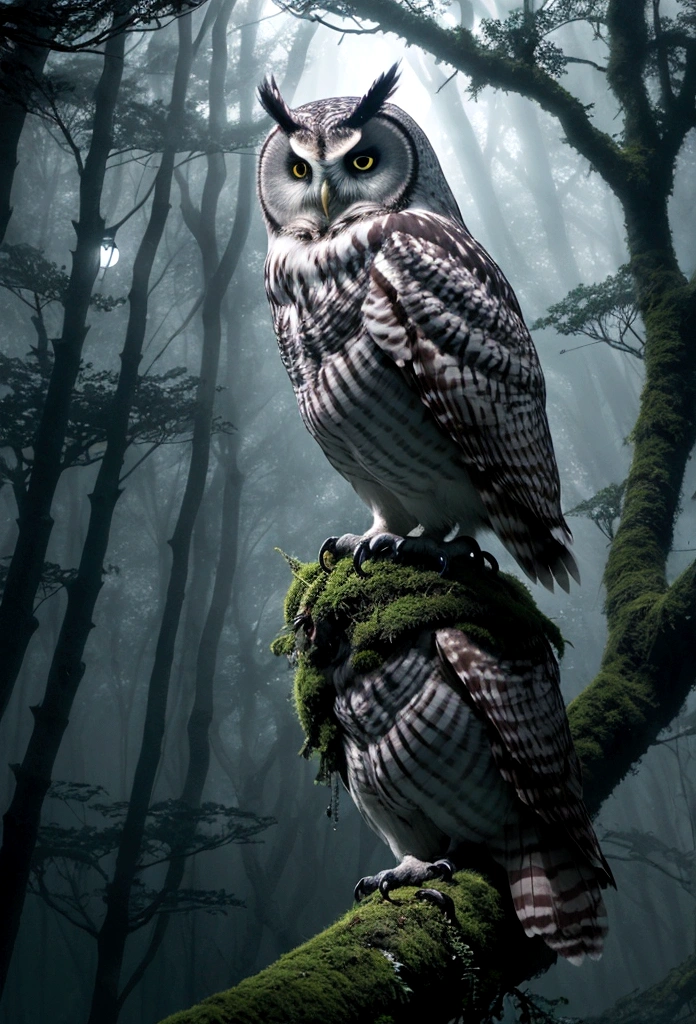 In the forest under the moonlight,A majestic owl perched gracefully on a mossy branch, Silver moonlight shines through the treetops,Forming a misty beam of light, Conveys a sense of tranquility and mystery. Full of mood and atmosphere,With a hint of fantasy, Soft Focus, And dreamy tones.