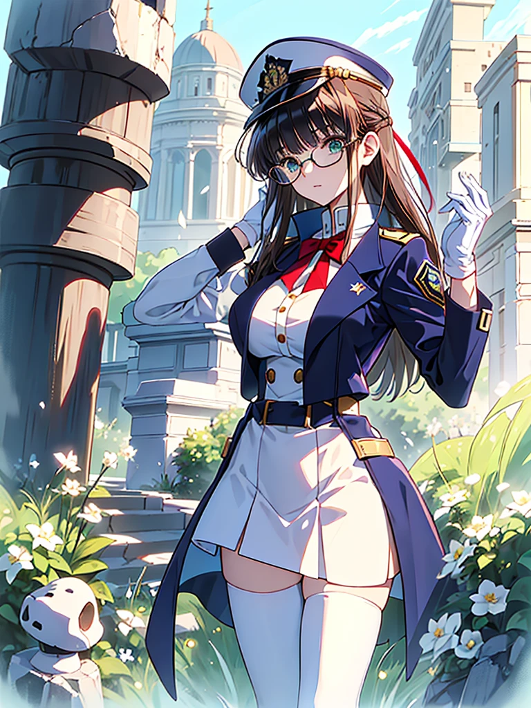 masterpiece, best quality, beautiful girl, brown hair whit white inner color, emerald green eyes, dark blue military uniform, mature_female, eye_glasses, white gloves, anime, dark blue military hat, very_long_hair, perfect body, red ribbon, commander, science_fiction, black knee-high boots, white pants , cowboy_shot, best quality, large_breasts, ultra-detailed, high quality, two-tone uniform, sci-fi, royal blue Trench Coat, fantasy world, one girl 