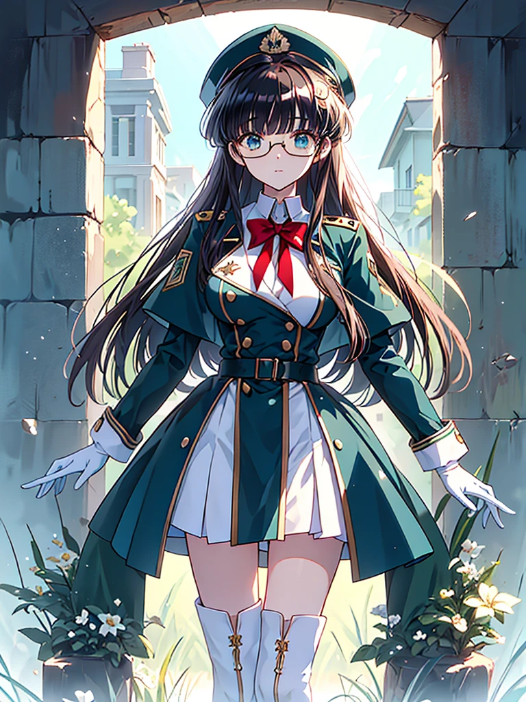 masterpiece, best quality, beautiful girl, brown hair whit white inner color, emerald green eyes, dark blue military uniform, mature_female, eye_glasses, white gloves, anime, dark blue military hat, very_long_hair, perfect body, red ribbon, commander, science_fiction, black knee-high boots, white pants , cowboy_shot, best quality, large_breasts, ultra-detailed, high quality, two-tone uniform, sci-fi, royal blue Trench Coat, fantasy world, one girl 