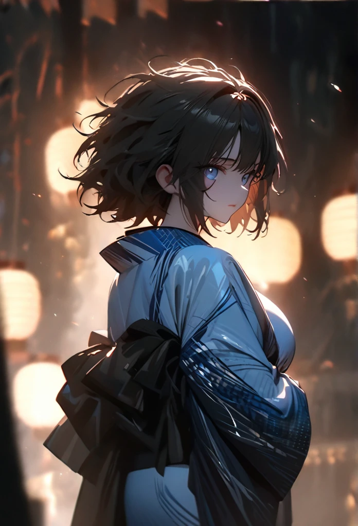 (solo), pitch black hair, messy hair, mane hair, short hair, dense hair, wild hair, expressive hai,(25 year old), pale skin, ((Female)), blue eyes, beautiful girl, wearing a white and blue decoration kimono, beautiful, attractive, huge breast, big ass, Yin, eye reflection, depth of field, thunder aura, cinematic lighting, ray tracing, depth of field, cinematic lighting, ray tracing, UHD, high details, best quality, highres, high quality, award winning, super detail, masterpiece, 8k, UHD, high details, best quality, highres, high quality, award winning, super detail, masterpiece, 8k, digital art, anime coloring, body shot, full body, back shot, good face, perfect face, detailed face, good eyes. The background is space. A whitehole in the background.