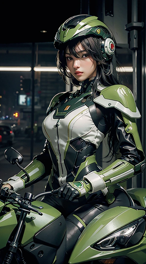 Highest image quality, outstanding details, ultra-high resolution, (realism: 1.4), the best illustration, favor details, highly condensed 1boy, with a delicate and beautiful face, dressed in a black and green mecha, wearing a mecha helmet, holding a directional controller, riding on a motorcycle, the background is a high-tech lighting scene of the future city,wide hips, thin and narrow weist,
