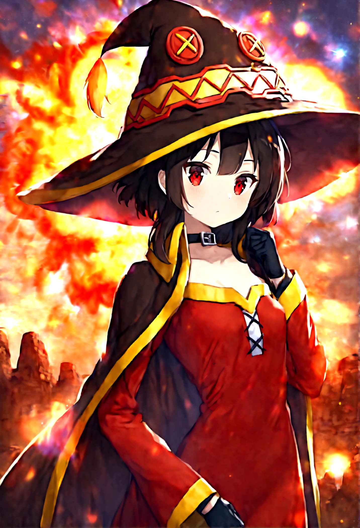 Better Quality, Very detailed, Mesa, Better Quality, Megumin, 1 girl, Bare shoulders, Black Cape, Black gloves, Black Hair, Cape, choker, clavicle, wear, Hair between the eyes, He has, Long sleeve, Watching the audience, Medium Hair, Dress from shoulder to shoulder, Drop your shoulders, Red dress, Red eyes, Side Lock, alone, Witch hat explosion behind sparkles and flames