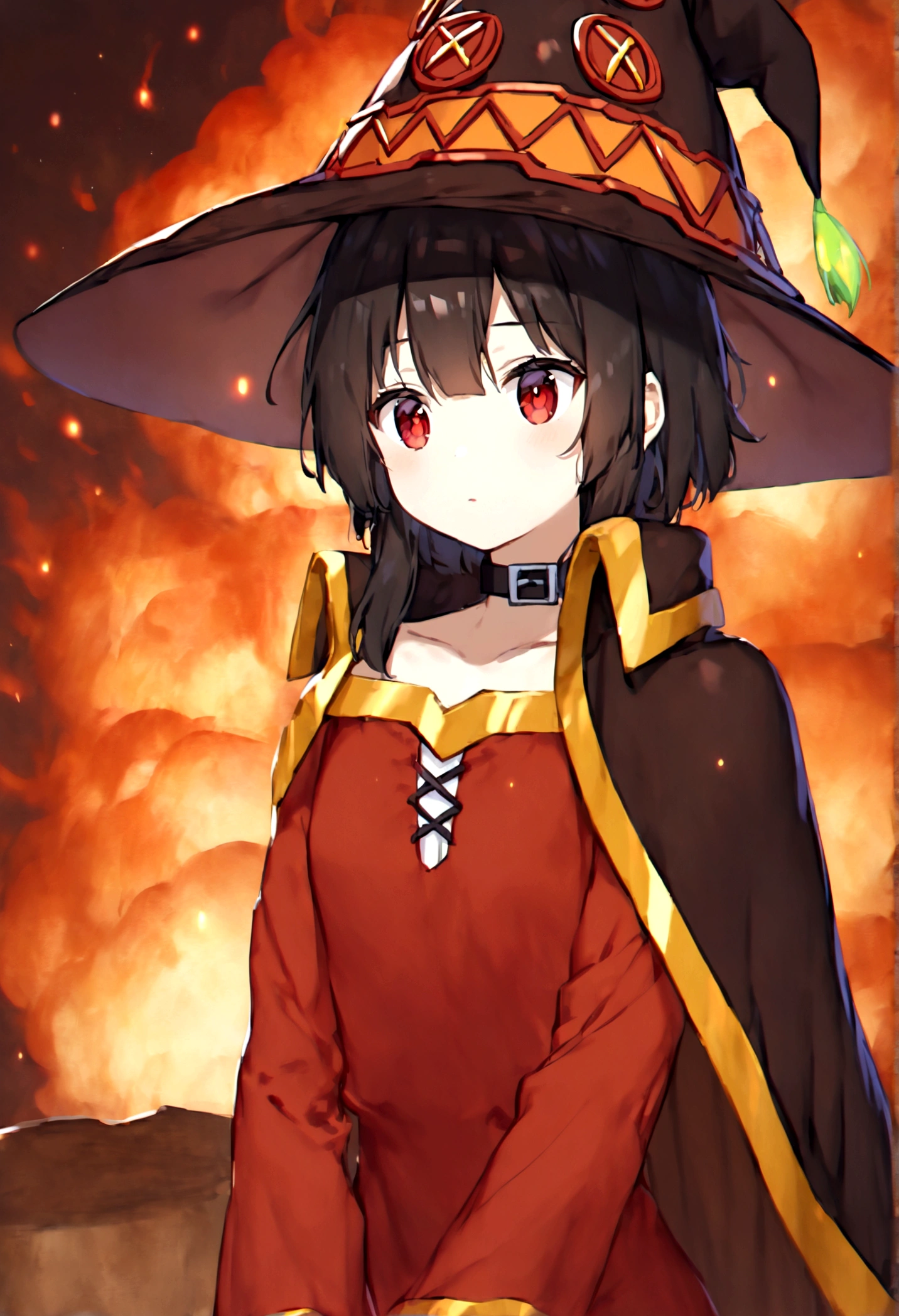 Better Quality, Very detailed, Mesa, Better Quality, Megumin, 1 girl, Bare shoulders, Black Cape, Black gloves, Black Hair, Cape, choker, clavicle, wear, Hair between the eyes, He has, Long sleeve, Watching the audience, Medium Hair, Dress from shoulder to shoulder, Drop your shoulders, Red dress, Red eyes, Side Lock, alone, Witch hat explosion behind sparkles and flames