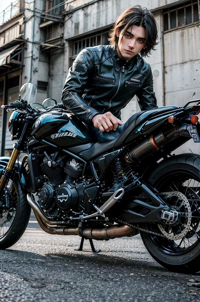 Hombre, como motociclista y modelo, alto y con cuerpo musculoso, con el cabello corto color negro, delineado negro en la parte inferior de los ojos y ojos verdes, modelo, cuerpo completo.