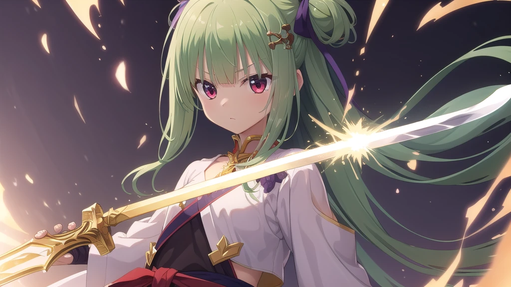 ((masterpiece)),(best quality),Official Art,Extremely detailed CG,Unity 8K wallpaper,Very detailed,Beautiful and delicate eyes,Extremely detailed face,1 girl,solitary,,(whole body:1.5),(small:1.3),,,Murasame,Very long hair,Green Hair,Face Up,Purple bow,hairpin,Side chains,Bangs,Red Eyes,Neck strap,Red belt,Sword Master，Still wearing a flowing white robe，Showing the free and noble character，The golden life energy gathered from his brows，The majestic life energy provides his sword-holding hand with extraordinary strength.，The overflowing energy dyed the ends of the hair and the hem of the clothes white.，Gives a sense of transcendence 。Weapon design，The golden sword body represents the gathering of countless life energies.，After entering the enhanced state，The sword is broken，Energy bursts from the sword，Transformed into golden lightning，Can beat everything，Save the world。
He appeared in the dazzling energy of life，The golden light gathered into a long sword in his hand, and with the power of the sword, he broke through the layers of the glass illusion.，Descend as a God。The golden energy wrapped around the sword, and the light flowed as it was swung.。Sometimes, the sword energy and light blades were raised, and four golden clones transformed into crosses to cut off the floating boulders. Sometimes, a giant sword of light flashed in the afterimage hurricane and fell from the sky to shatter the glass illusion.。

