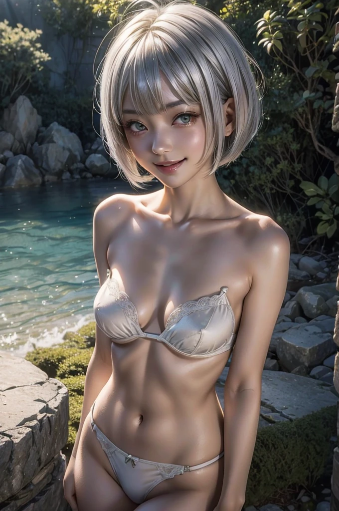 Japanese Cute girl, short hair, bob cut hair, silver hair, antenna hair, shiny hair, beautiful green eyes, medium breasts, short torso, shiny white skin, great smile, White side-tie panties and garter belt, topless, open chest, nude, Short body, magical girl, slightly erotic