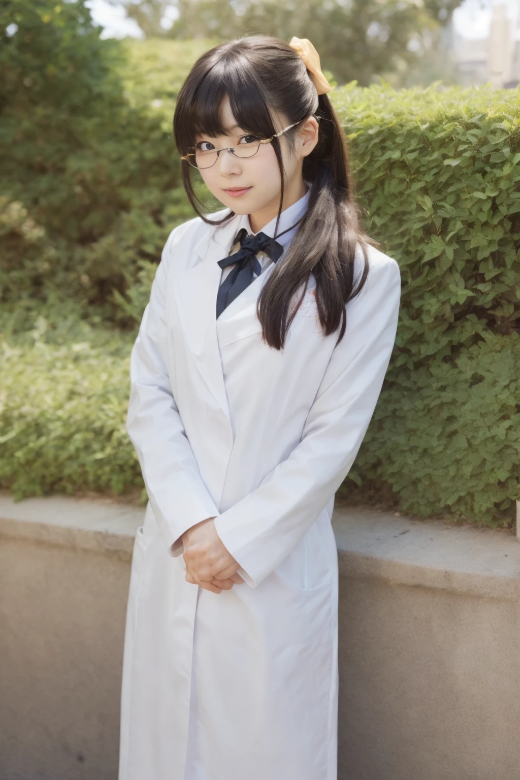 ultra-detailed,highly detailed,best quality,masterpiece,illustration,realistic,
shiguma rika, 1girl, solo, cosplay,
st. chronica academy ,
sel-frame glasses,hair bow, labcoat,
looking at viewer, upper body,
outdoors, nature, perfect anatomy