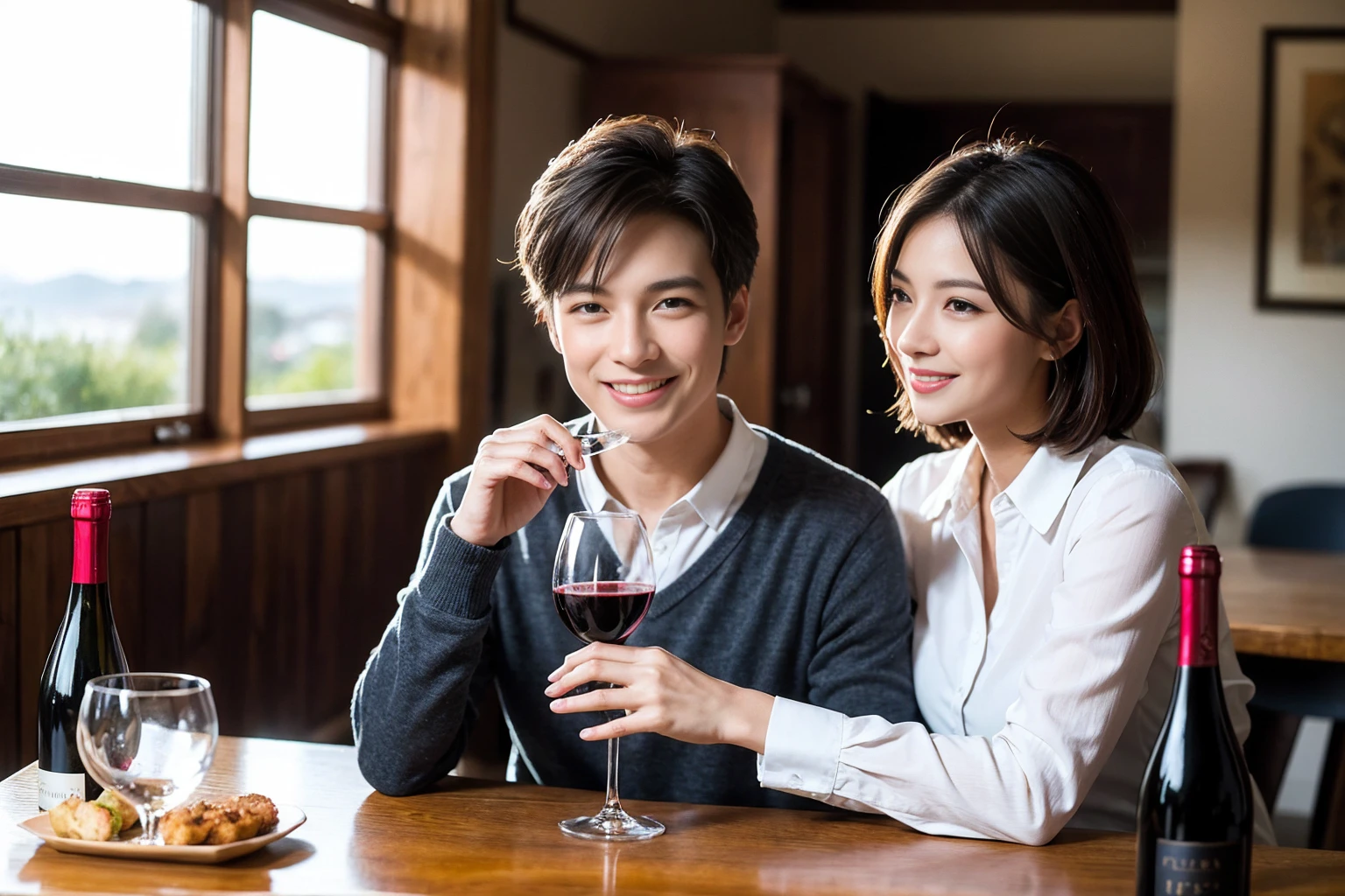 ((Highest quality、8k、masterpiece:1.3))、 (Genuineistic, Genuine、Bright image、Intricate details:1.2), 最高のsmile、1 male 1 female、Beautiful couple、spouse、fiancee、Good friends、actress couple、smile、A full-course dinner with a full table、 (Slim face), (the body is slim), (Brown Hair), (short hair), テーブルのwine glass、Please shine a light on my face、 Amazing view of the sunset sky and clouds、 (42 years old)40 years old, red wine 、Wine bottle、sparkling wine、Long sleeve shirt、dress、White wine, red wine, wine glass,