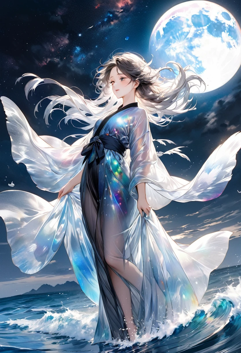 Highest quality, Super quality, 16K, masterpiece, RAW Photos, Realistic, Three-dimensional depiction of rippling oil paintings, A fusion of watercolor and oil painting, Monochrome and color combination, Ocean and galaxy universe in the daytime big full moon, the transparent translucent iridescent feather robe of heavenly maiden perched in the air and fluttering in the Wind, Wind, Wind-effects, Excellent image effect, A wonderful work of art、Tears